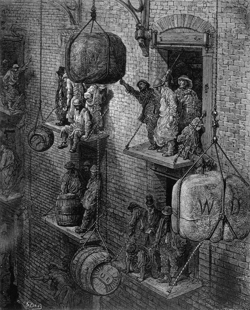 Warehousing in the City, ur "London, a Pilgrimage", skriven av William Blanchard Jerrold (1826-84), graverad av Stephane Pannemaker (1847-1930), pub. 1872 av Gustave Dore
