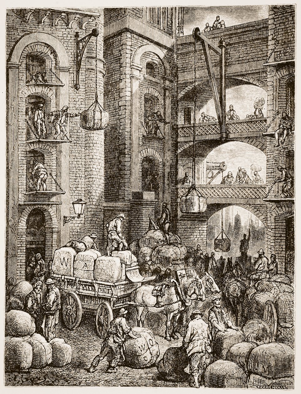 Arbetare som utför sitt arbete i ett lager, från "London, a Pilgrimage", skriven av William Blanchard Jerrold (1826-94) och graverad av Pannemaker, pub. 1872 av Gustave Dore