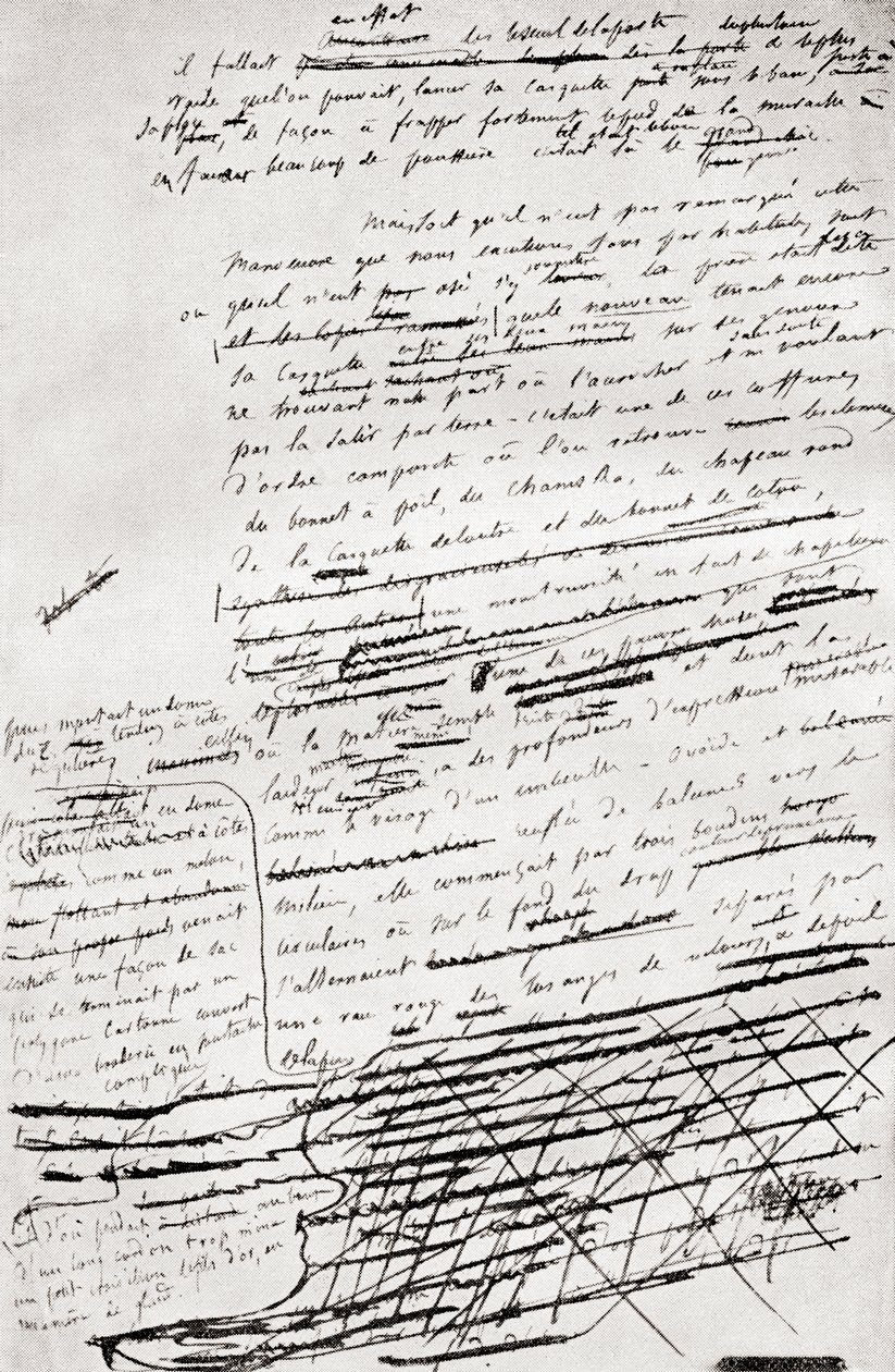 Från en sida i Madame Bovarys manuskript, från Gustave Flaubert, publicerad 1935 av Gustave Flaubert