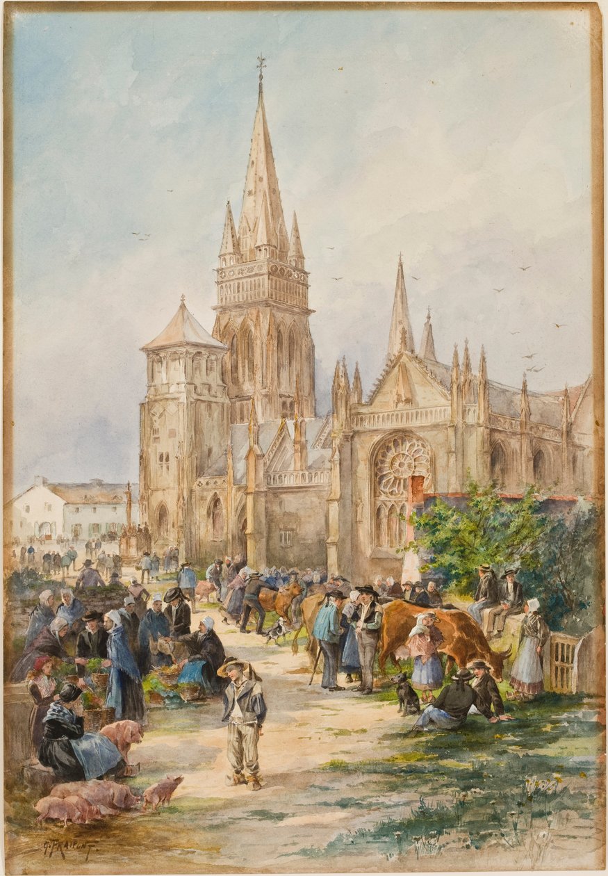 Marknadsscen i Le Folgoet, Bretagne (wc på papper) av Gustave Fraipont