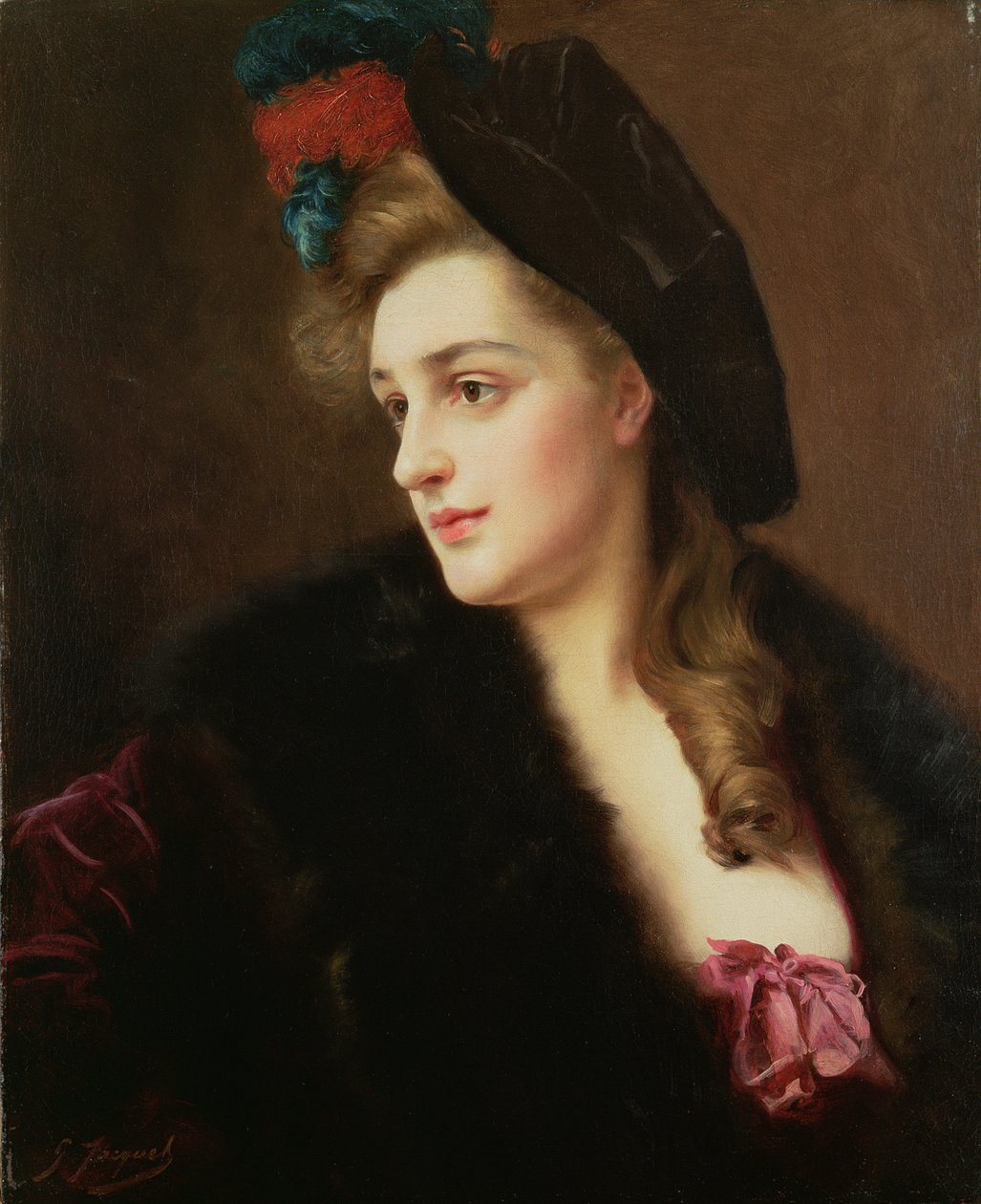 Porträtt av en kvinna i hatt av Gustave Jacquet