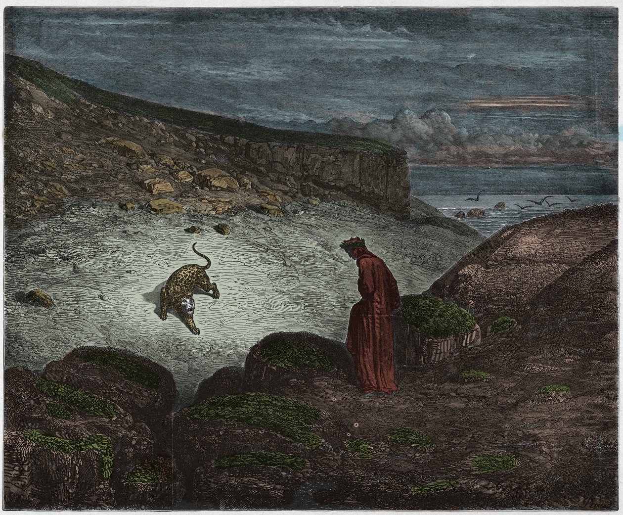 Inferno, Canto 1 : Pantern i början av uppstigningen, illustration från Den gudomliga komedin av Dante Alighieri, 1885 (digitalt färgat gravyr) av Gustave after Dore