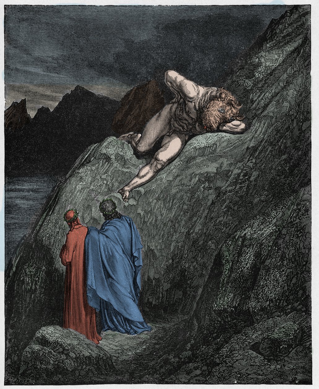 Inferno, Canto 12: Minotauren (Minotaure) på den krossade klippan, illustration från The Divine Comedy av Dante Alighieri, 1885 (digitalt färgad gravyr) av Gustave after Dore