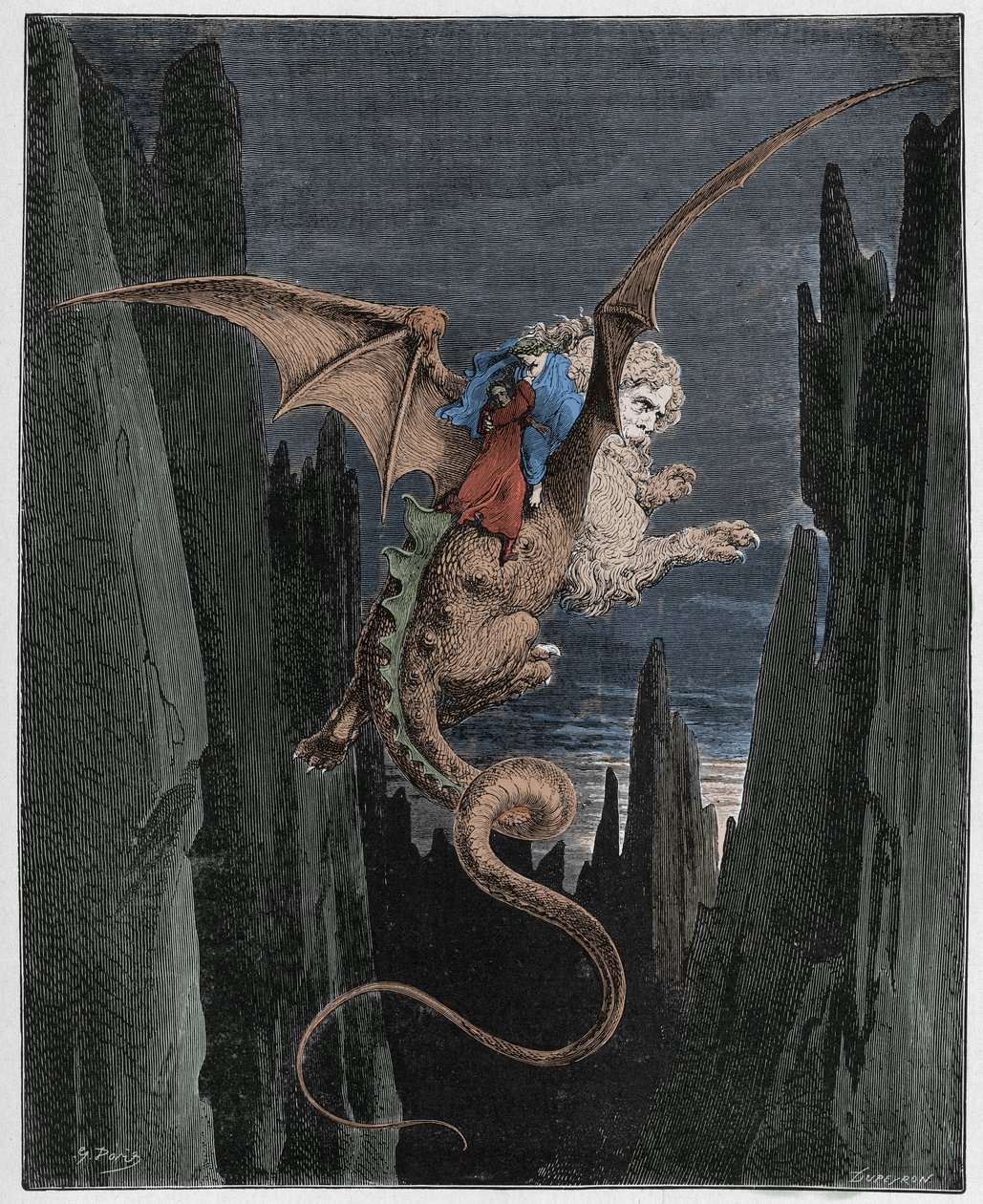 Inferno, Canto 17 : Nedgången i avgrunden på Geryons rygg, illustration från Den gudomliga komedin av Dante Alighieri, 1885 (digitalt färgat gravyr) av Gustave after Dore