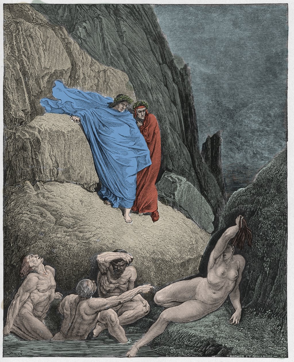 Inferno, Canto 18: Virgil visar Dante thailändarnas skugga, illustration från The Divine Comedy av Dante Alighieri, 1885 (digitalt färgad gravyr) av Gustave after Dore