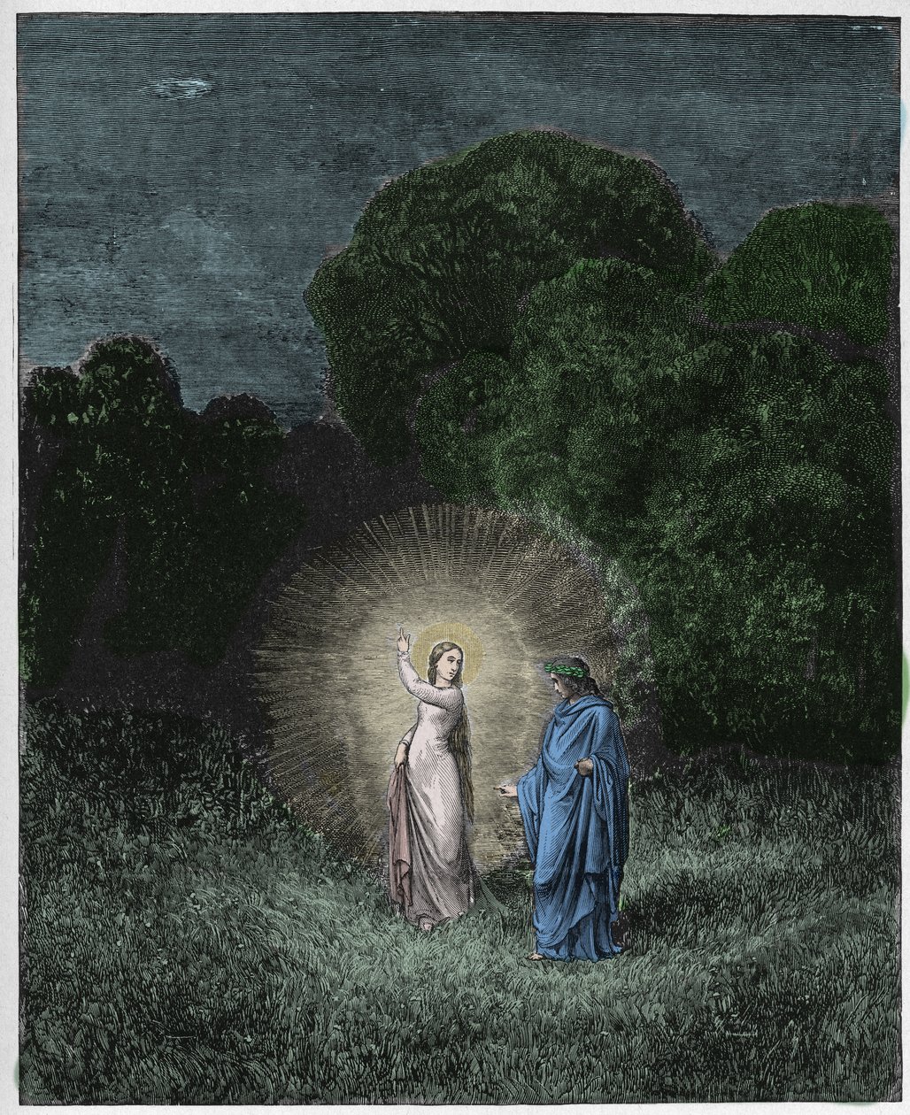 Inferno, Canto 2: Beatrice och Vergilius, illustration från The Divine Comedy av Dante Alighieri, 1885 (digitalt färgad gravyr) av Gustave after Dore