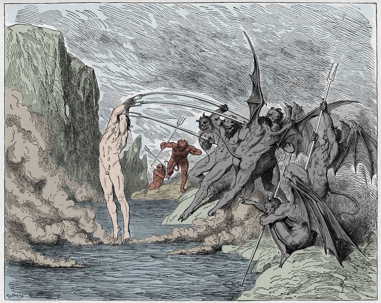 Inferno, Canto 21: Djävlar plågar barratorerna, illustration från The Divine Comedy av Dante Alighieri, 1885 (digitalt färgad gravyr) av Gustave after Dore