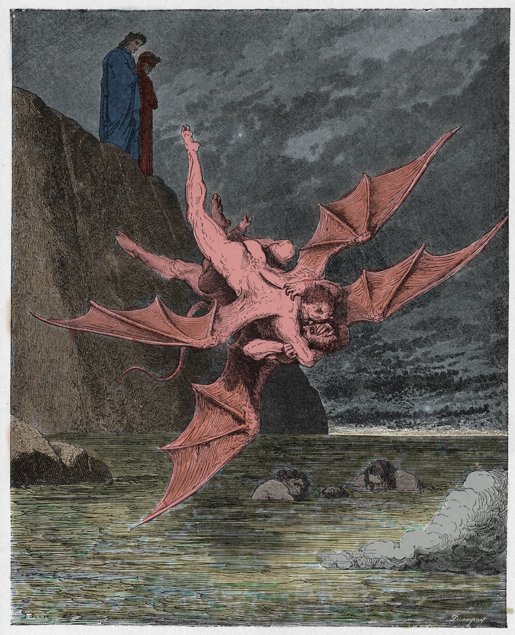 Inferno, Canto 22: Alichino och Calcabrina griper sig över planen, illustration från The Divine Comedy av Dante Alighieri, 1885 (digitalt färgad gravyr) av Gustave after Dore