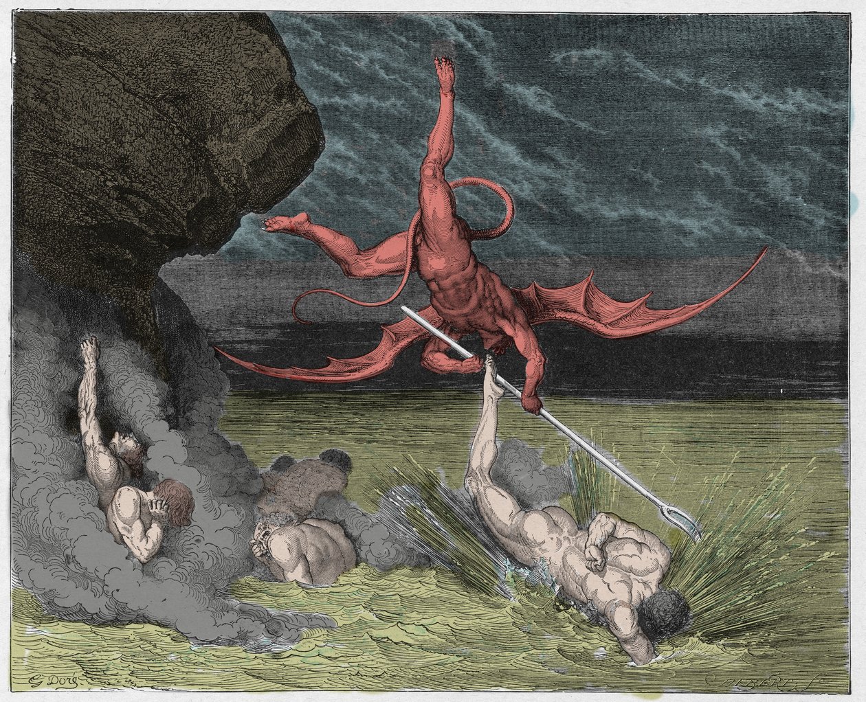 Inferno, Canto 22 : Ciampolo undkommer demonen Alichino i den femte bolgia, illustration från The Divine Comedy av Dante Alighieri, 1885 (digitalt färgad gravyr) av Gustave after Dore