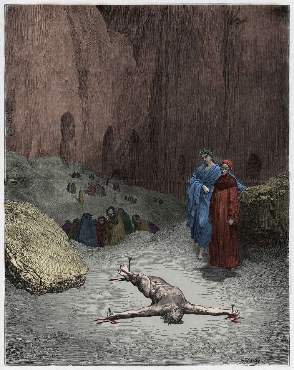 Inferno, Canto 23: En korsfäst farisé bland hycklarna, illustration från The Divine Comedy av Dante Alighieri, 1885 (digitalt färgad gravyr) av Gustave after Dore
