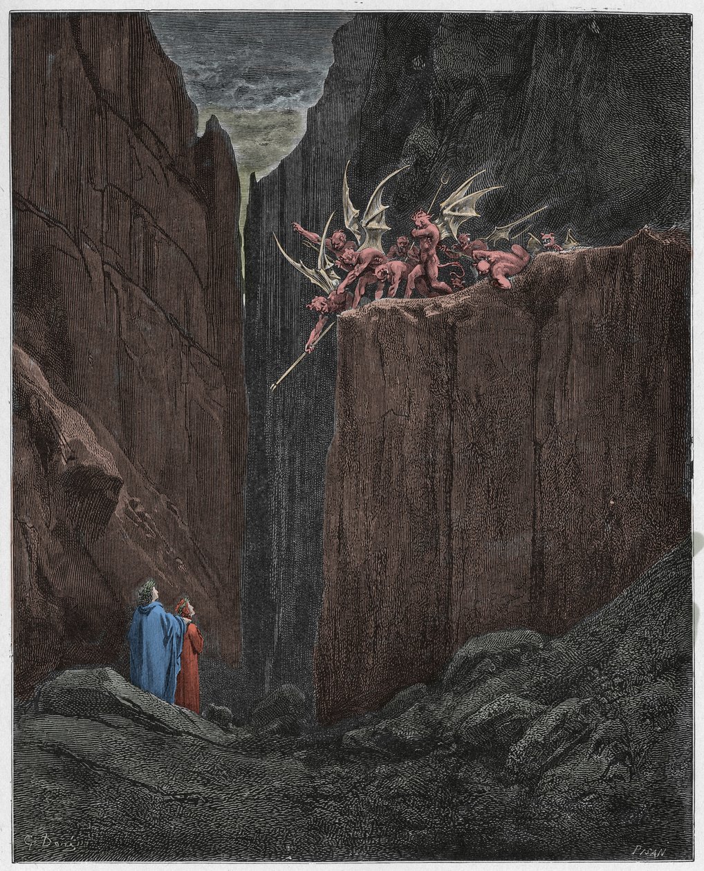 Inferno, Canto 23 : Poeterna undkommer demonerna i den femte bolgia, illustration från The Divine Comedy av Dante Alighieri, 1885 (digitalt färgad gravyr) av Gustave after Dore