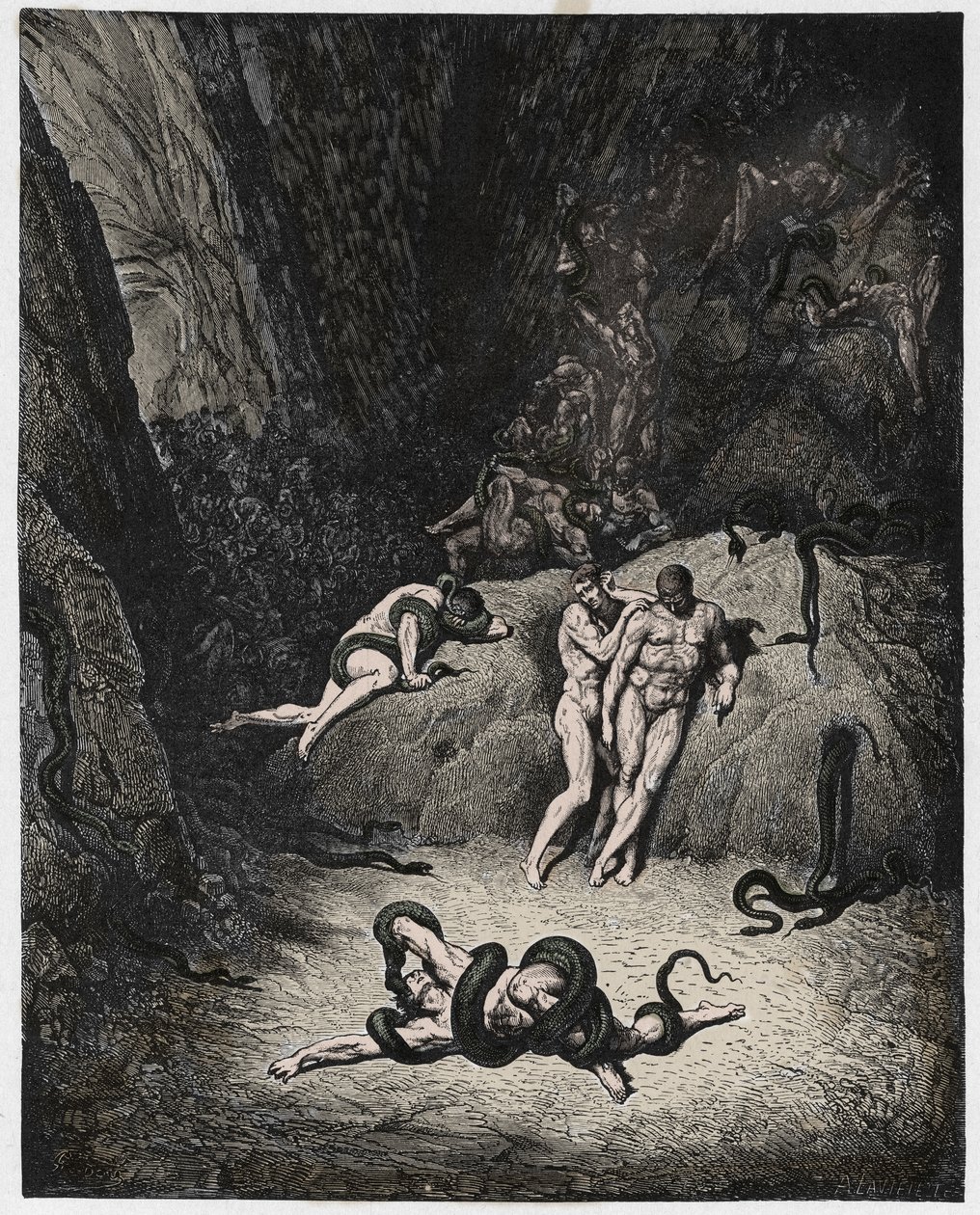 Inferno, Canto 25: Agnello förvandlas till en orm, illustration från The Divine Comedy av Dante Alighieri, 1885 (digitalt färgad gravyr) av Gustave after Dore