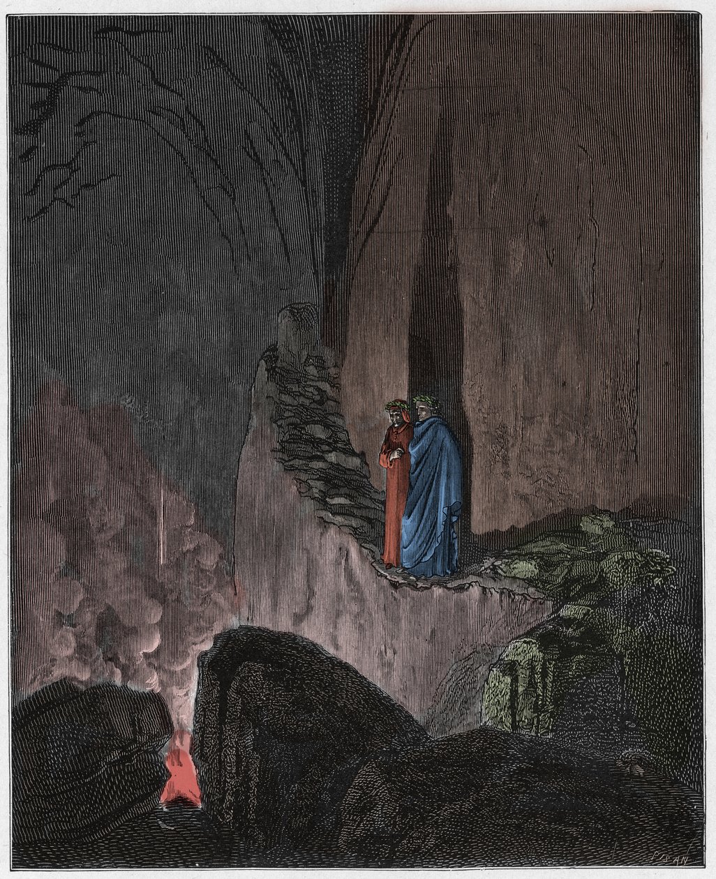 Inferno, Canto 26: De flammande andarna hos Ulysses och Diomedes (Diomedes), illustration från The Divine Comedy av Dante Alighieri, 1885 (digitalt färgad gravyr) av Gustave after Dore