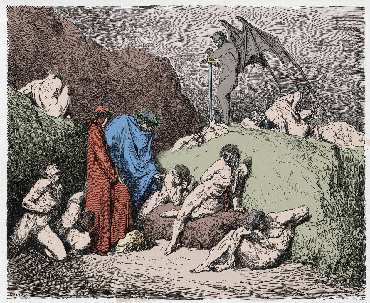 Inferno, Canto 28: Stympade sårar av oenighet i nionde bolgia, illustration från The Divine Comedy av Dante Alighieri, 1885 (digitalt färgad gravyr) av Gustave after Dore