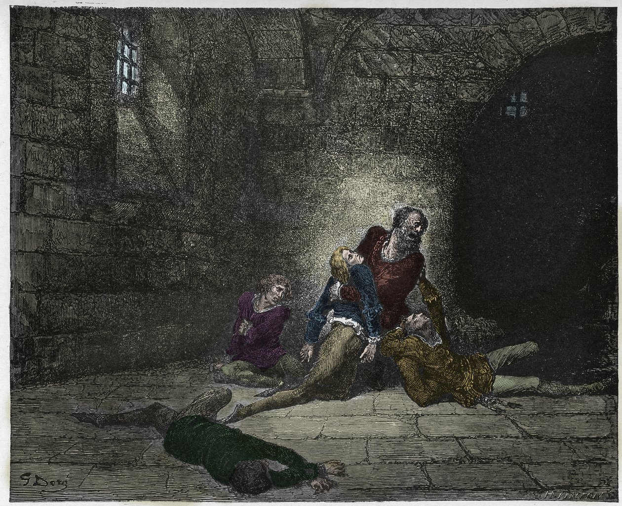 Inferno, Canto 33 : Gaddo dör framför sin fars ögon (Ugolin (Ugolino) della Gherardesca), illustration från The Divine Comedy av Dante Alighieri, 1885 (digitalt färgad gravyr) av Gustave after Dore