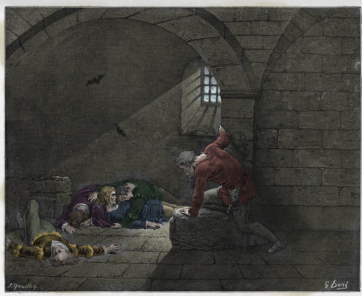 Inferno, Canto 33 : Ugolino (Ugolin della Gherardesca) i cellen med sina fyra döda söner, illustration från Den gudomliga komedin av Dante Alighieri, 1885 (digitalt färgat gravyr) av Gustave after Dore