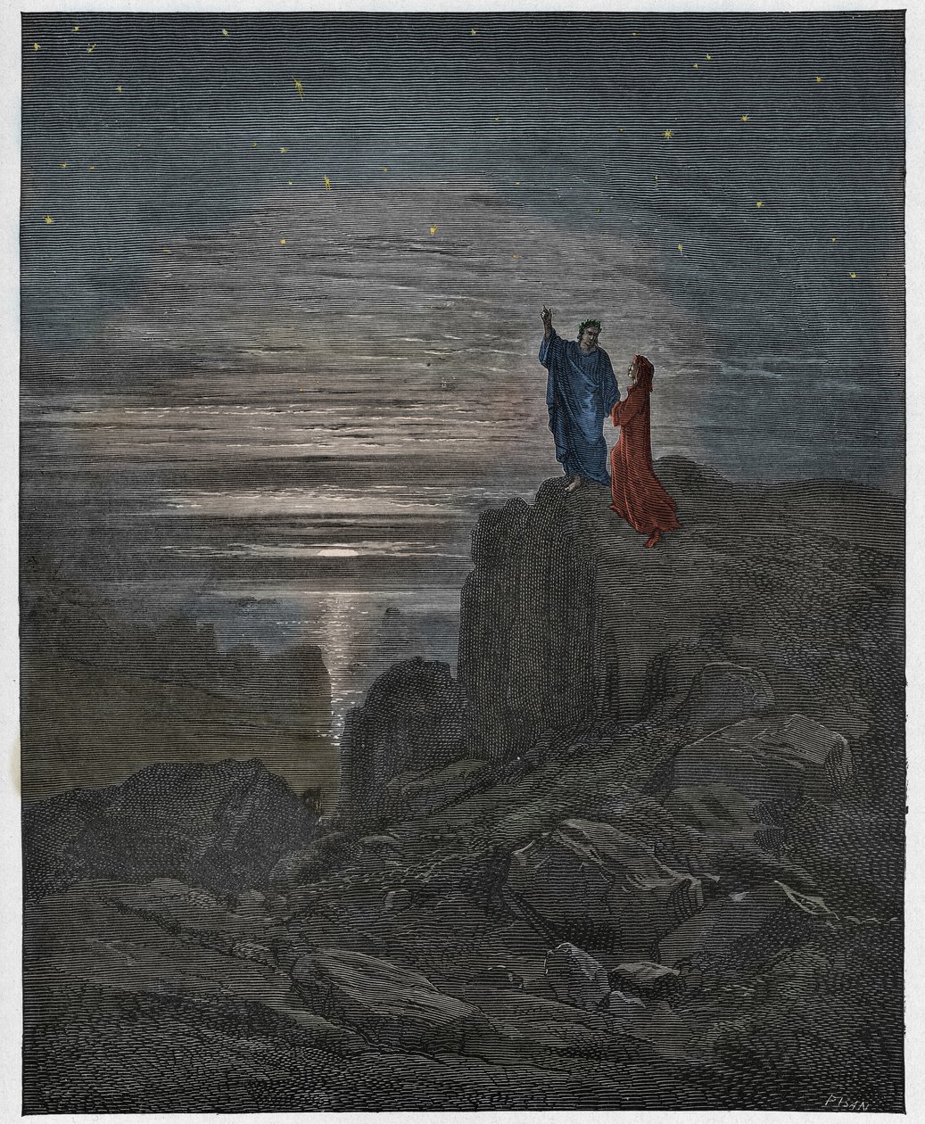 Inferno, Canto 34 : Poeterna kommer ur helvetet, illustration från The Divine Comedy av Dante Alighieri, 1885 (digitalt färgad gravyr) av Gustave after Dore