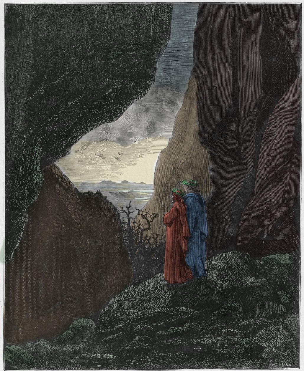 Inferno, Canto 34 : Vergilius och Dante stiger upp till den övre världen, illustration från Den gudomliga komedin av Dante Alighieri, 1885 (digitalt färgat gravyr) av Gustave after Dore