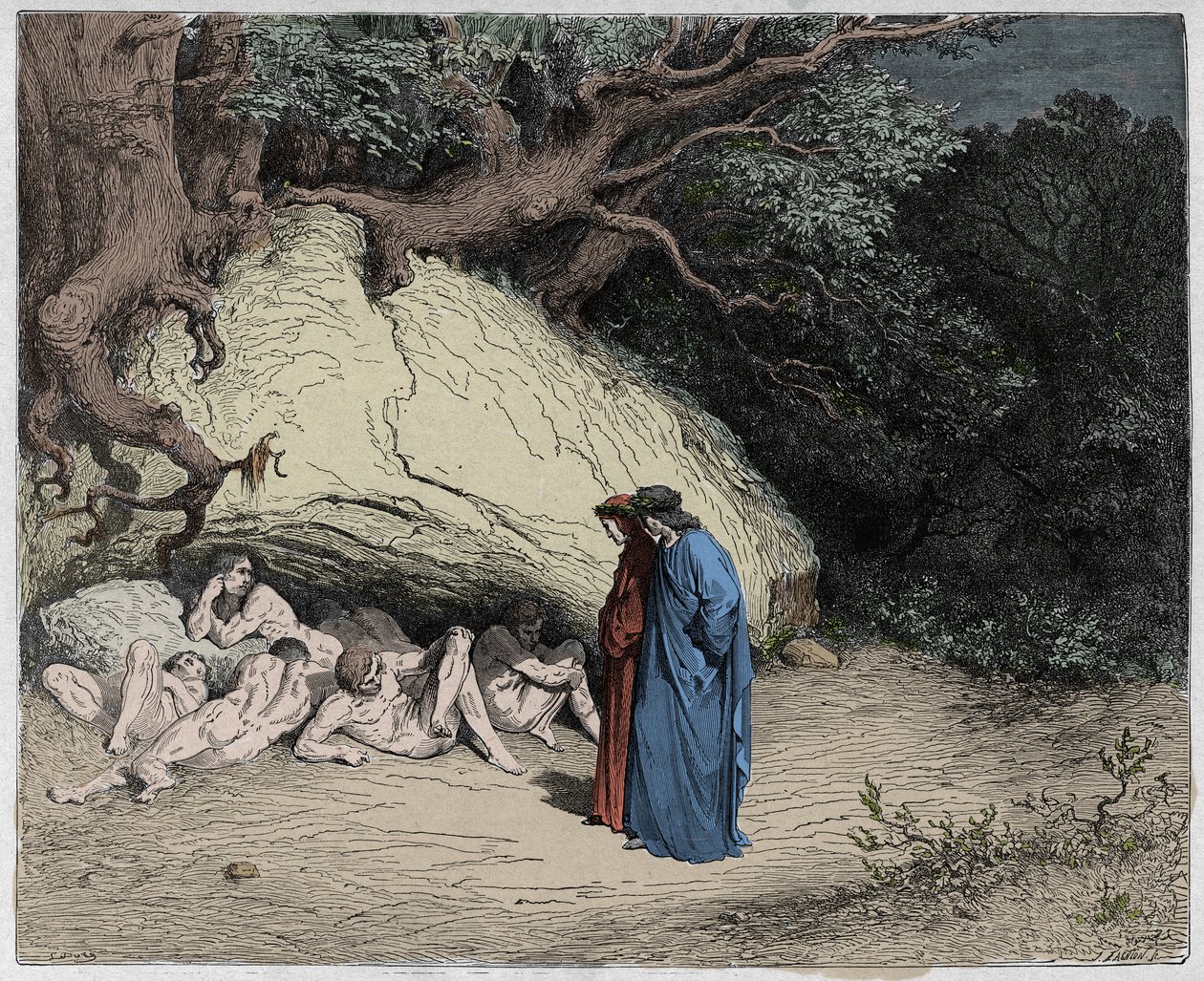 Inferno, Canto 4 : De oskyldiga själarna i Limbo, illustration från Den gudomliga komedin av Dante Alighieri, 1885 (digitalt färgat gravyr) av Gustave after Dore