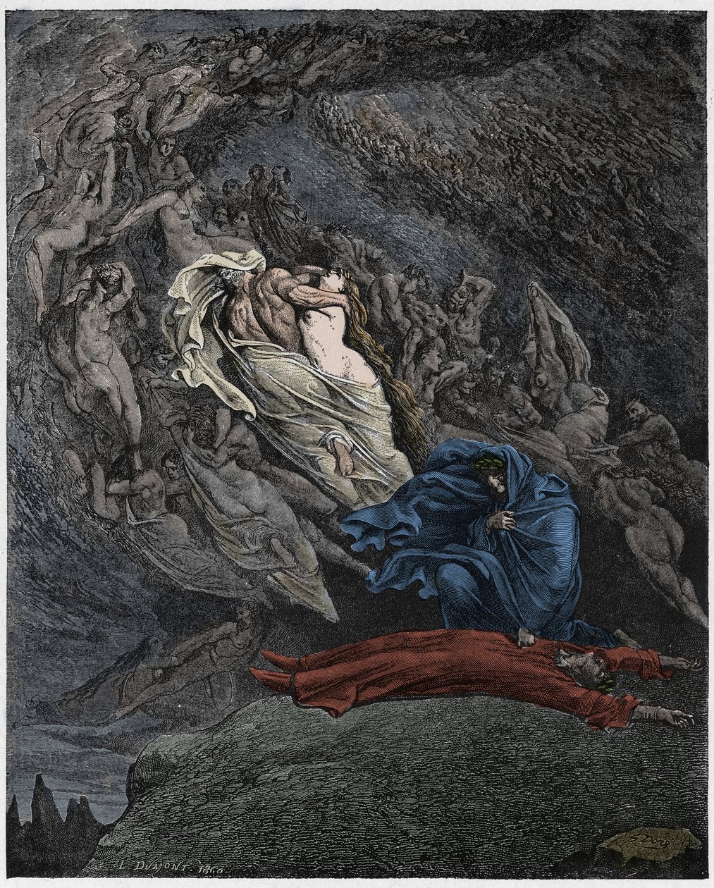 Inferno, Canto 5: Francesca Da Rimini beskriver hennes död, illustration från The Divine Comedy av Dante Alighieri, 1885 (digitalt färgad gravyr) av Gustave after Dore