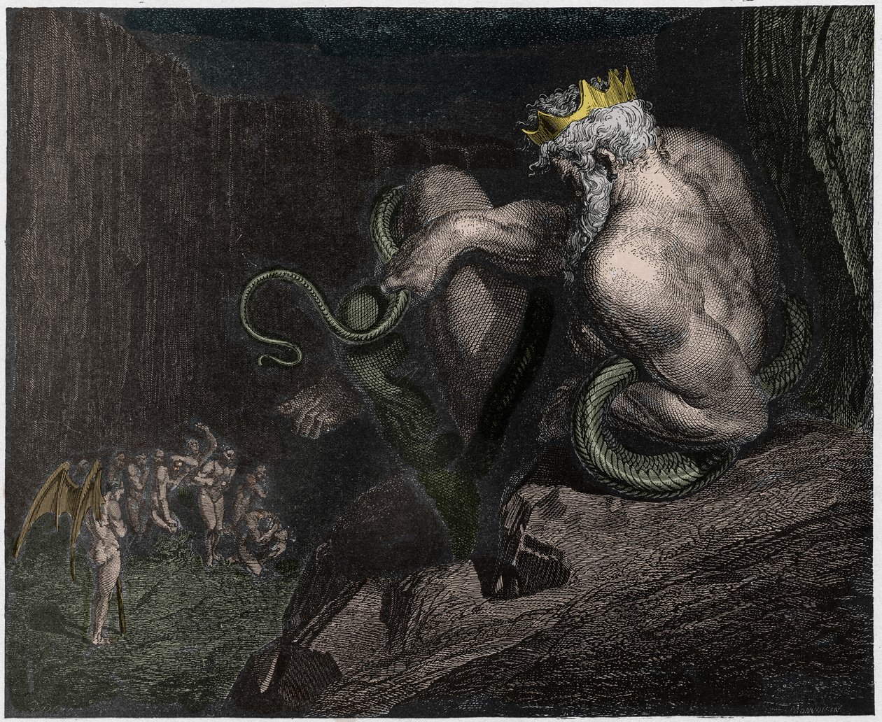 Inferno, Canto 5 : Minos dömer överträdelserna och skickar själarna, illustration från Den gudomliga komedin av Dante Alighieri, 1885 (digitalt färgat gravyr) av Gustave after Dore