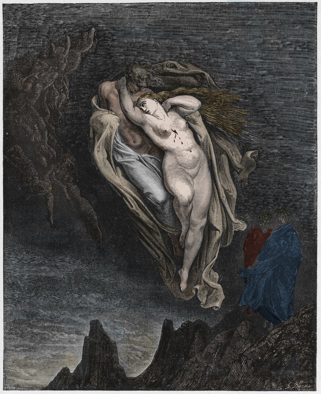 Inferno, Canto 5 : Paolo och Francescas själar, illustration ur Den gudomliga komedin av Dante Alighieri, 1885 (digitalt färgat gravyr) av Gustave after Dore