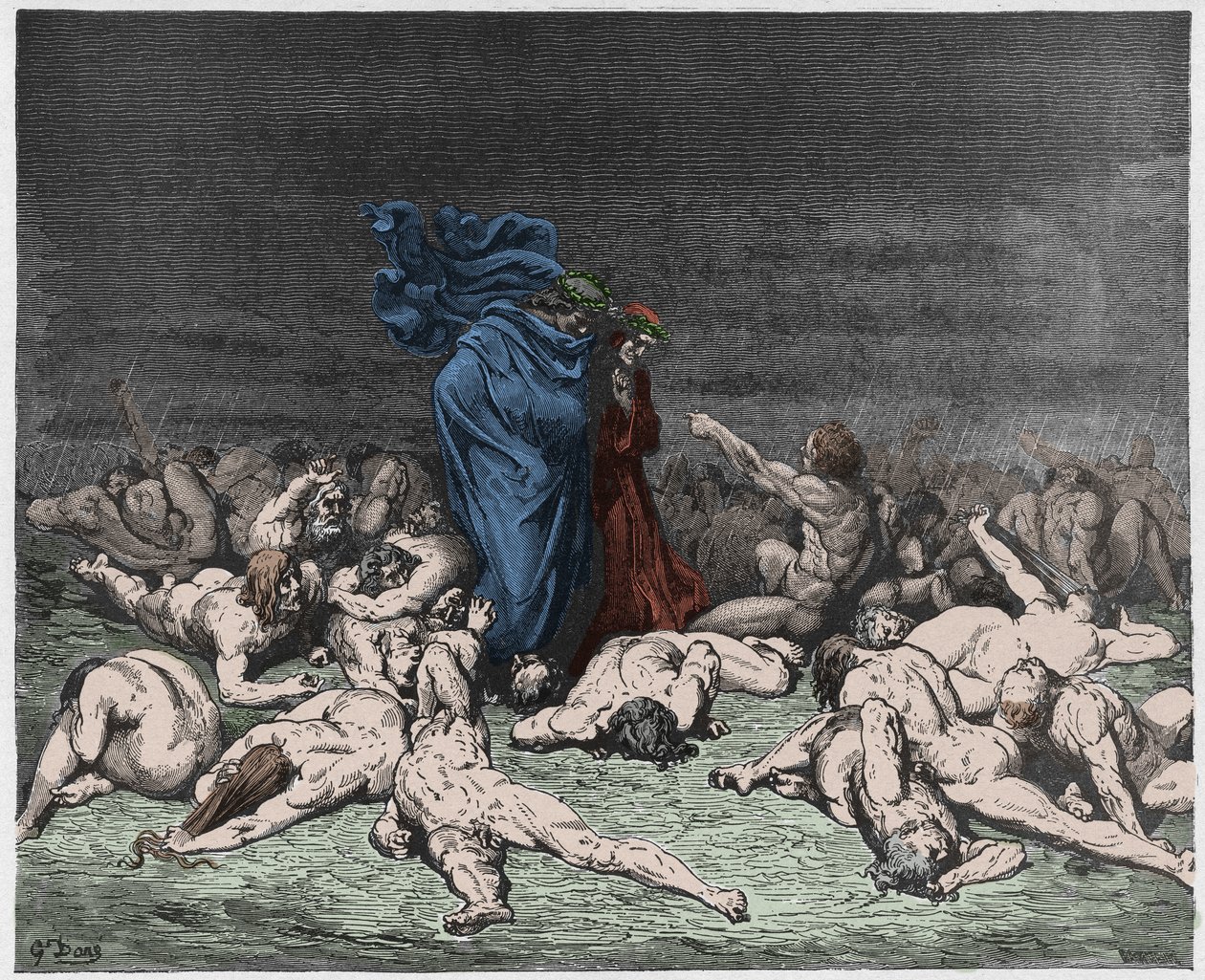 Inferno, Canto 6 : De frossande som slås av det eviga regnet, illustration ur Den gudomliga komedin av Dante Alighieri, 1885 (digitalt färgat gravyr) av Gustave after Dore