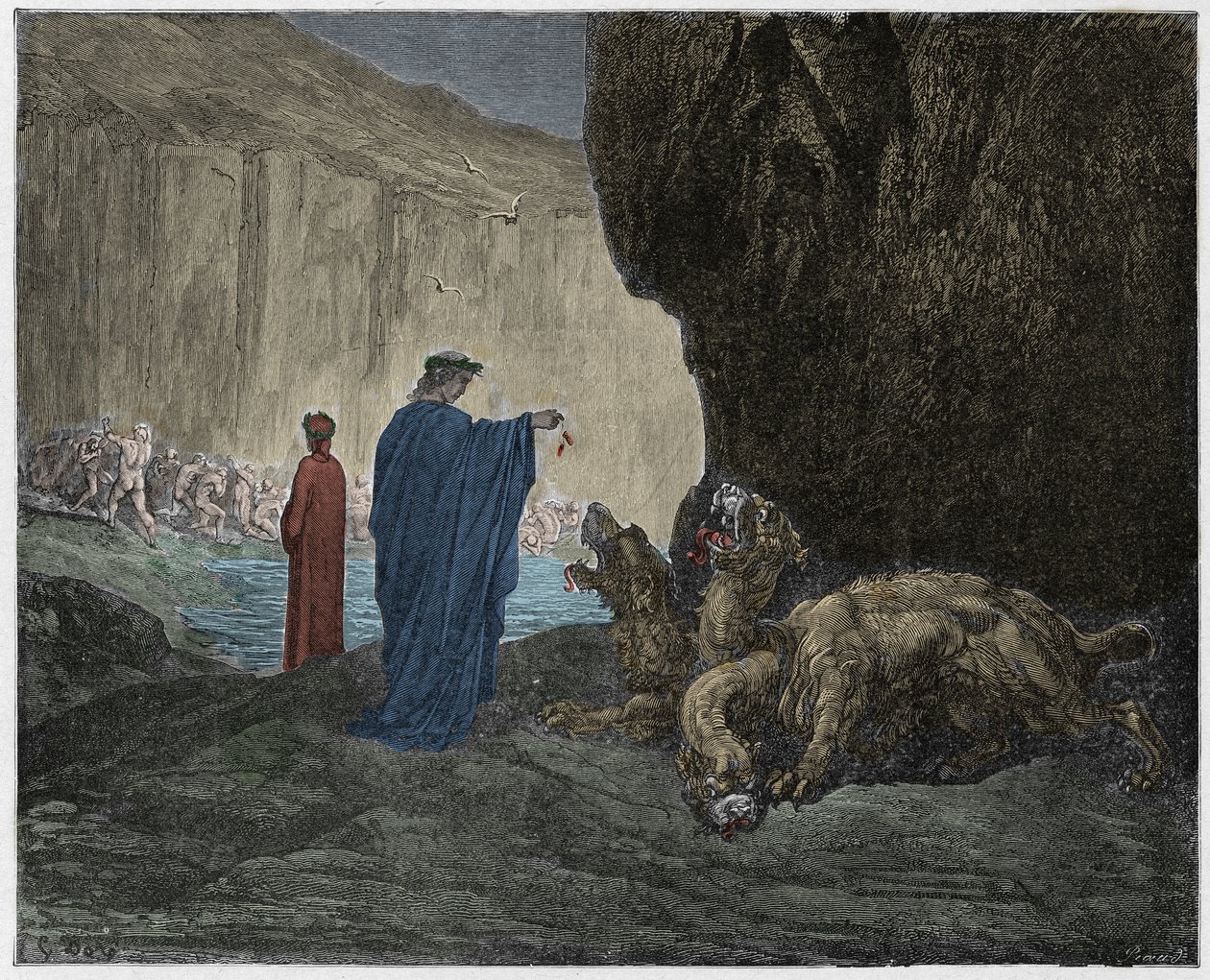 Inferno, Canto 6 : Vergilius matar Cerberus (Cerbere) i den tredje cirkeln, illustration från Den gudomliga komedin av Dante Alighieri, 1885 (digitalt färgat gravyr) av Gustave after Dore