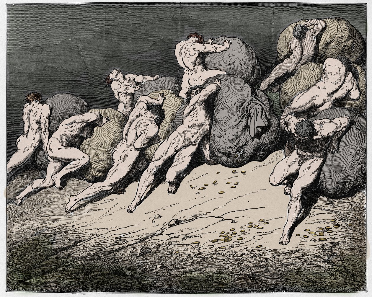 Inferno, Canto 7 : Den girige och den förlorare som tvingas rulla tunga stenar, illustration från Den gudomliga komedin av Dante Alighieri, 1885 (digitalt färgat gravyr) av Gustave after Dore