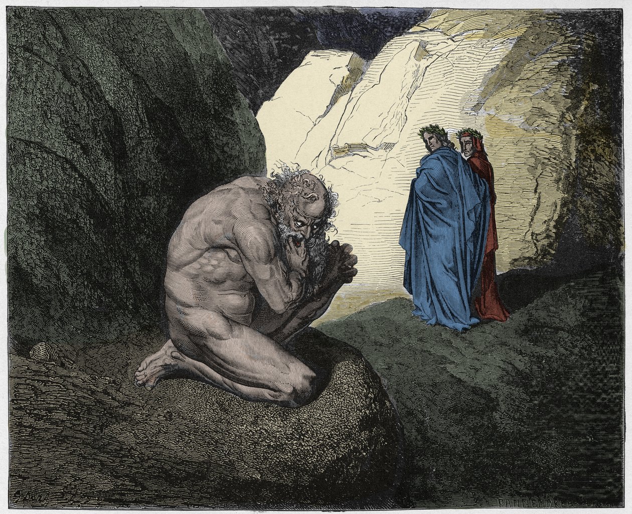 Inferno, Canto 7 : Vergilius tillrättavisar Plutus (Ploutos) vid ingången till den fjärde cirkeln, illustration från Den gudomliga komedin av Dante Alighieri, 1885 (digitalt färgat gravyr) av Gustave after Dore
