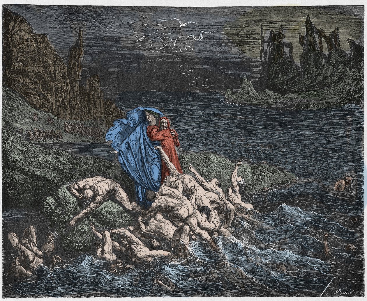 Inferno, Canto 7 : Vergilius visar Dante de vredesförgätnas själar i Styx, illustration från Den gudomliga komedin av Dante Alighieri, 1885 (digitalt färgat gravyr) av Gustave after Dore