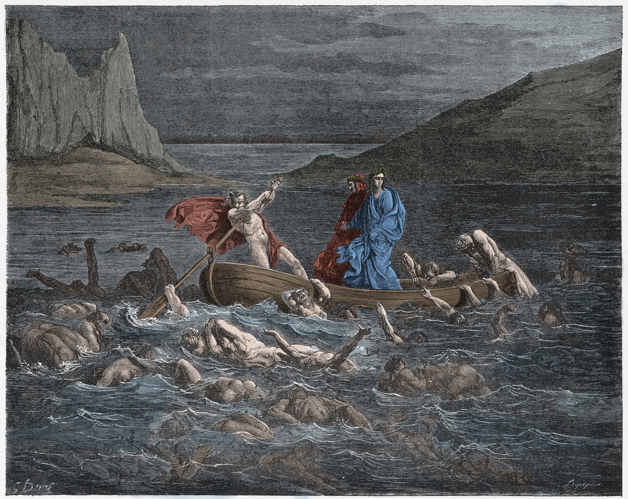 Inferno, Canto 8 : Phlegyas (Phlegias) för Dante och Vergilius över Styx, illustration från Den gudomliga komedin av Dante Alighieri, 1885 (digitalt färgat gravyr) av Gustave after Dore