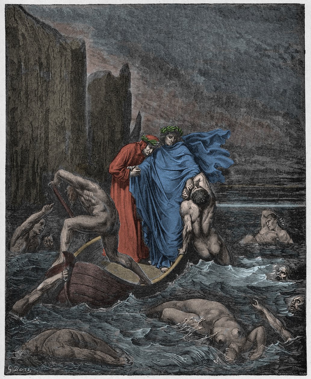 Inferno, Canto 8: Florentinaren Philippo Argentis själ (Filippo Argenti) tilltalar poeterna på Styx, illustration från Den gudomliga komedin av Dante Alighieri, 1885 (digitalt färgade gravyrer) av Gustave after Dore