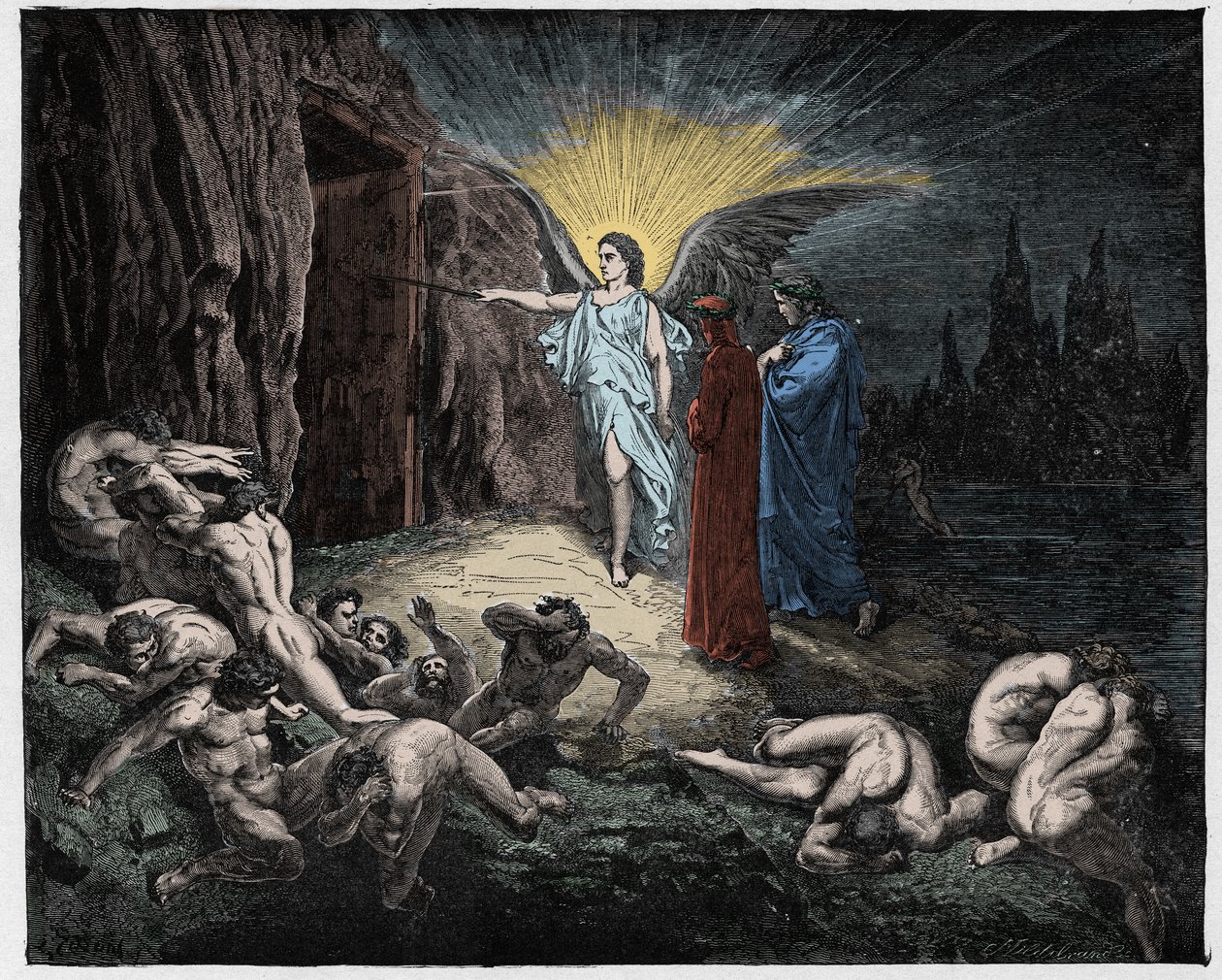 Inferno, Canto 9 : Ängeln öppnar portarna, illustration från The Divine Comedy av Dante Alighieri, 1885 (digitalt färgad gravyr) av Gustave after Dore