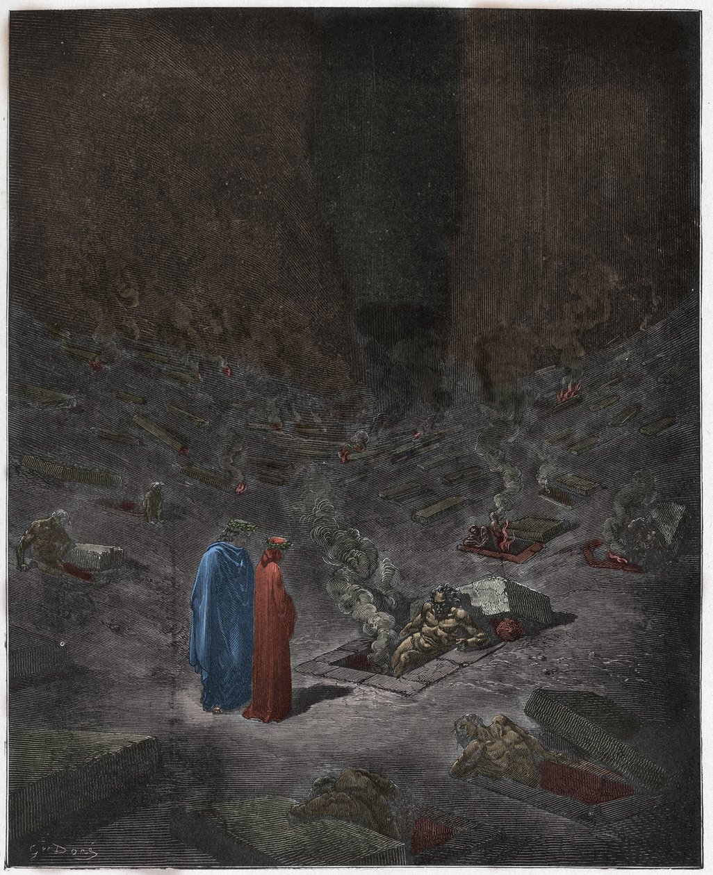 Inferno, Canto 9: Härarnas brinnande gravar, illustration från The Divine Comedy av Dante Alighieri, 1885 (digitalt färgad gravyr) av Gustave after Dore