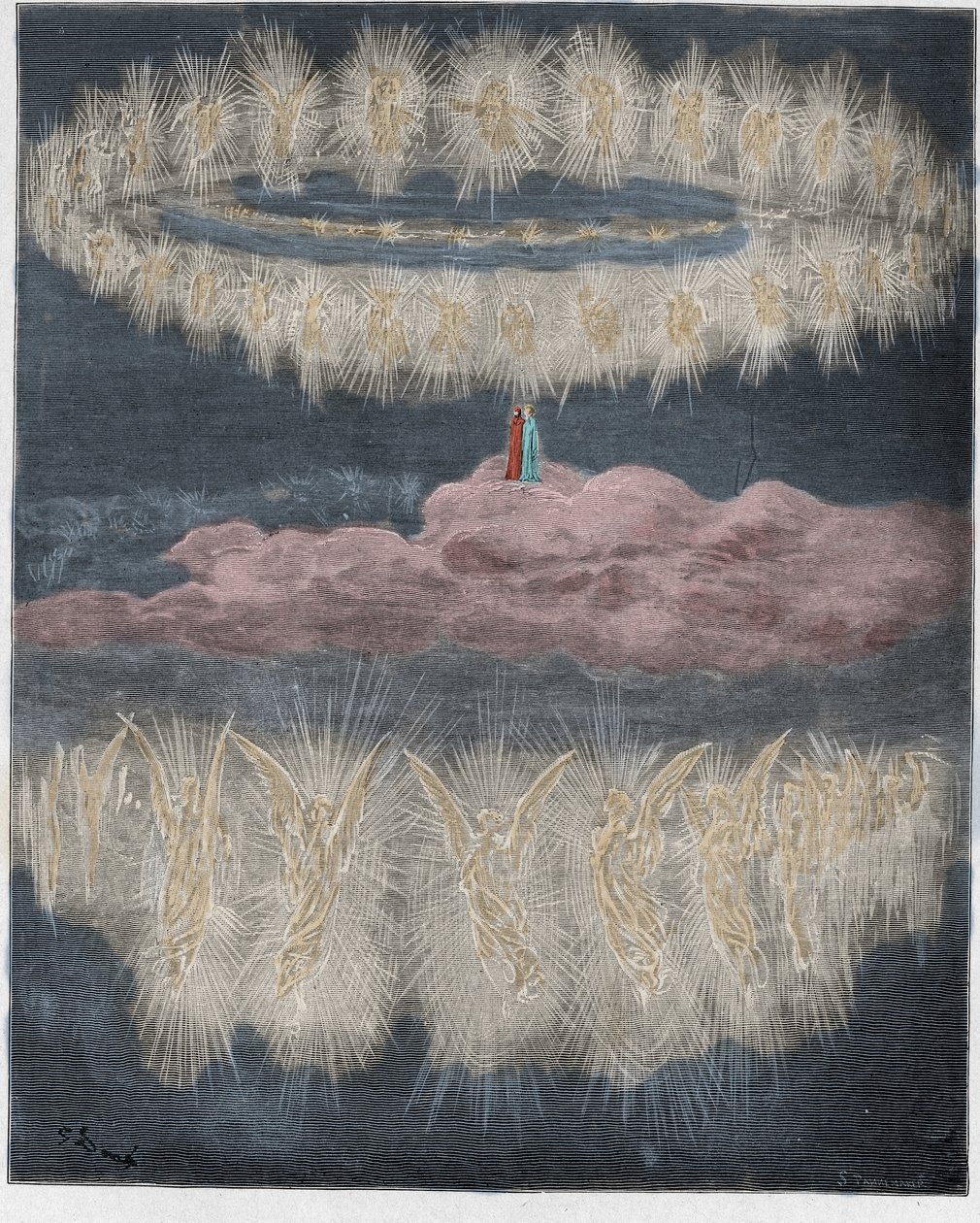Paradiso, Canto 12: Ringarna av förhärligade själar i solen, illustration från The Divine Comedy av Dante Alighieri, 1885 (digitalt färgad gravyr) av Gustave after Dore