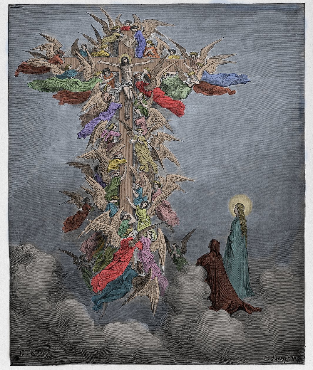 Paradiso, Canto 14: Dante och Beatrice ser änglarna med Kristus på korset, illustration från The Divine Comedy av Dante Alighieri, 1885 (digitalt färgad gravyr) av Gustave after Dore