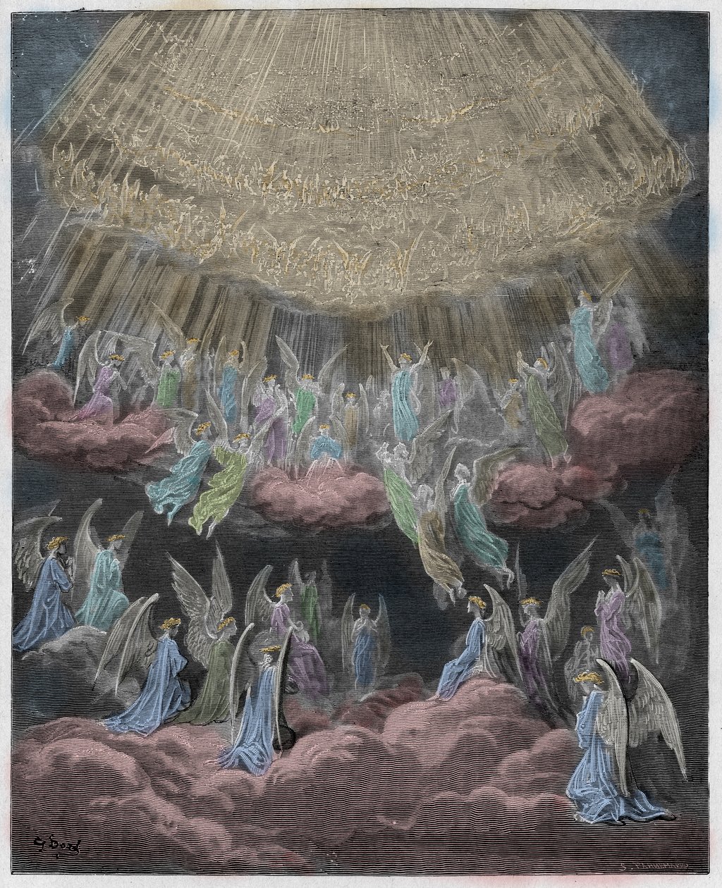 Paradiso, Canto 27 : Den himmelska skara som sjunger Gloria In Excelsis Deo, illustration från Den gudomliga komedin av Dante Alighieri, 1885 (digitalt färgat gravyr). av Gustave after Dore