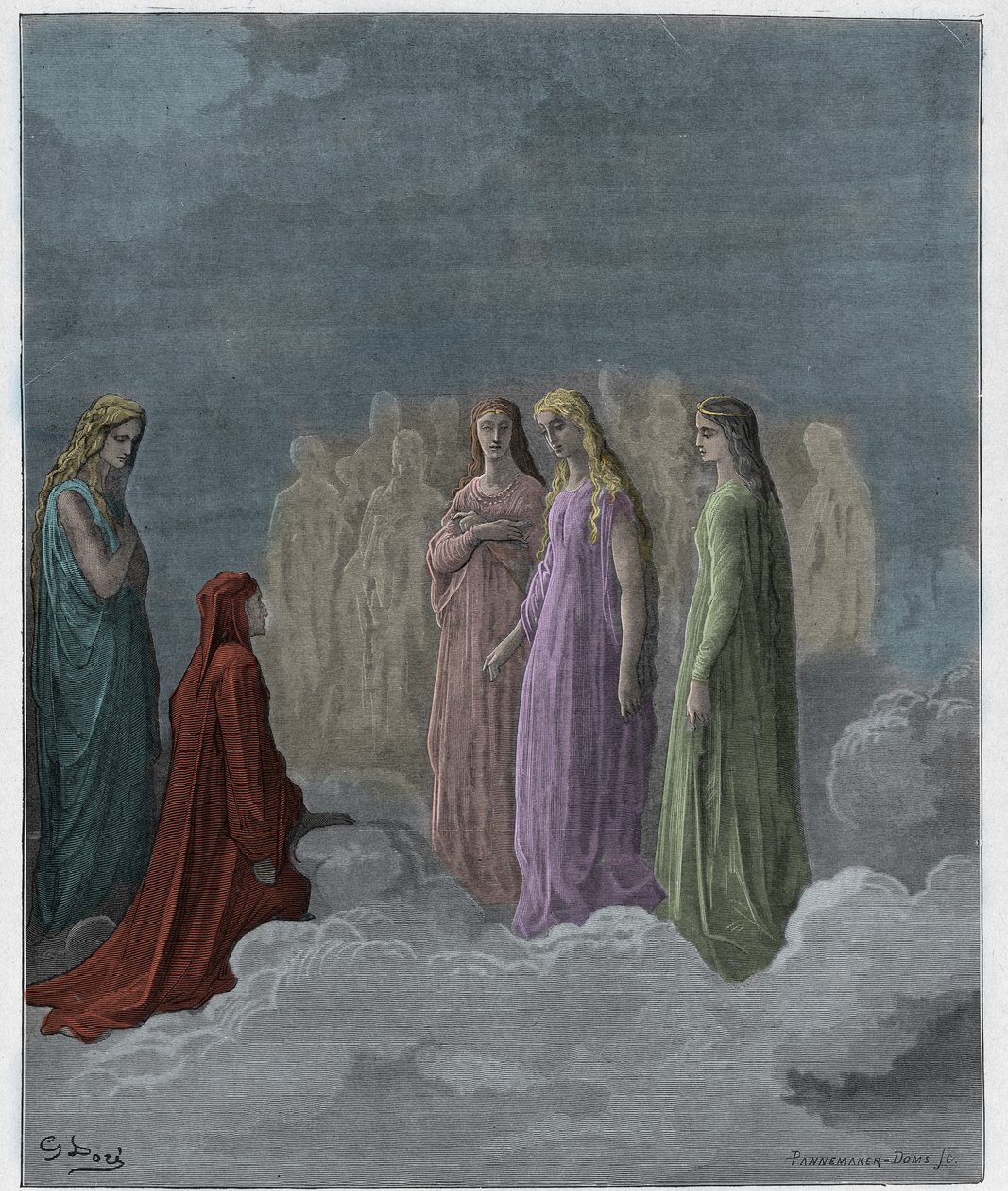 Paradiso, Canto 3 : Det första riket : Piccarda Donati och de själar vars löften har brutits, illustration från Den gudomliga komedin av Dante Alighieri, 1885 (digitalt färgat gravyr) av Gustave after Dore