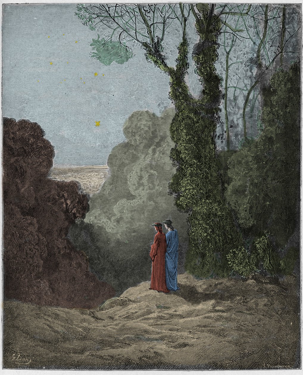 Purgatorio, Canto 1: Poeterna skådar Venus skönhet på morgonhimlen, illustration från The Divine Comedy av Dante Alighieri, 1885 (digitalt färgad gravyr) av Gustave after Dore