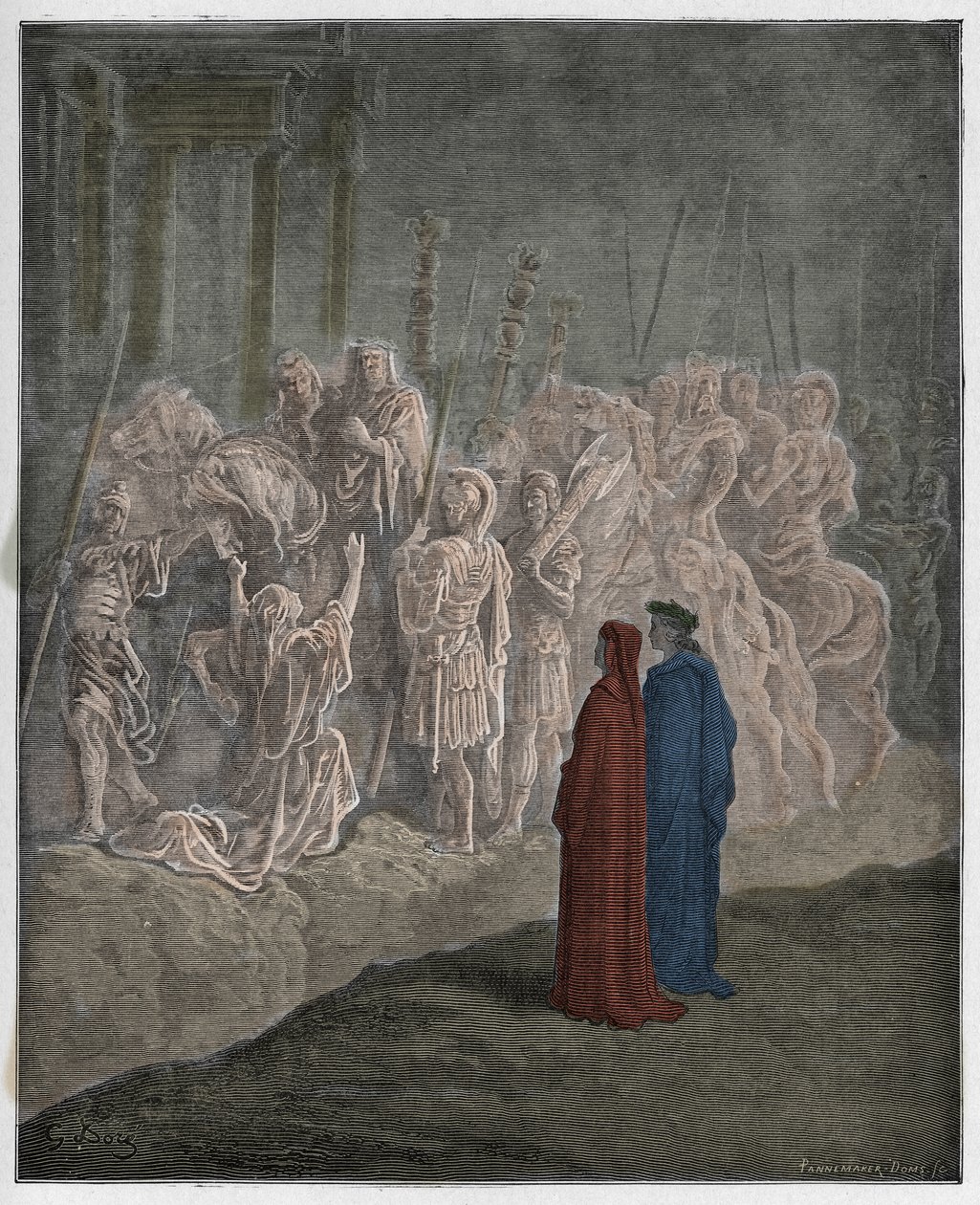 Purgatorio, Canto 10: Marmorskulpturerna som skildrar stolthet, illustration från The Divine Comedy av Dante Alighieri, 1885 (digitalt färgad gravyr) av Gustave after Dore
