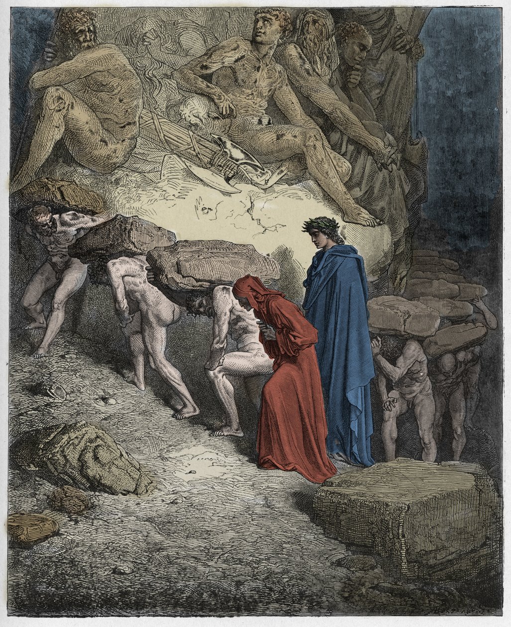 Purgatorio, Canto 11: De stolta, bärande tunga stenars själar, illustration från The Divine Comedy av Dante Alighieri, 1885 (digitalt färgad gravyr) av Gustave after Dore