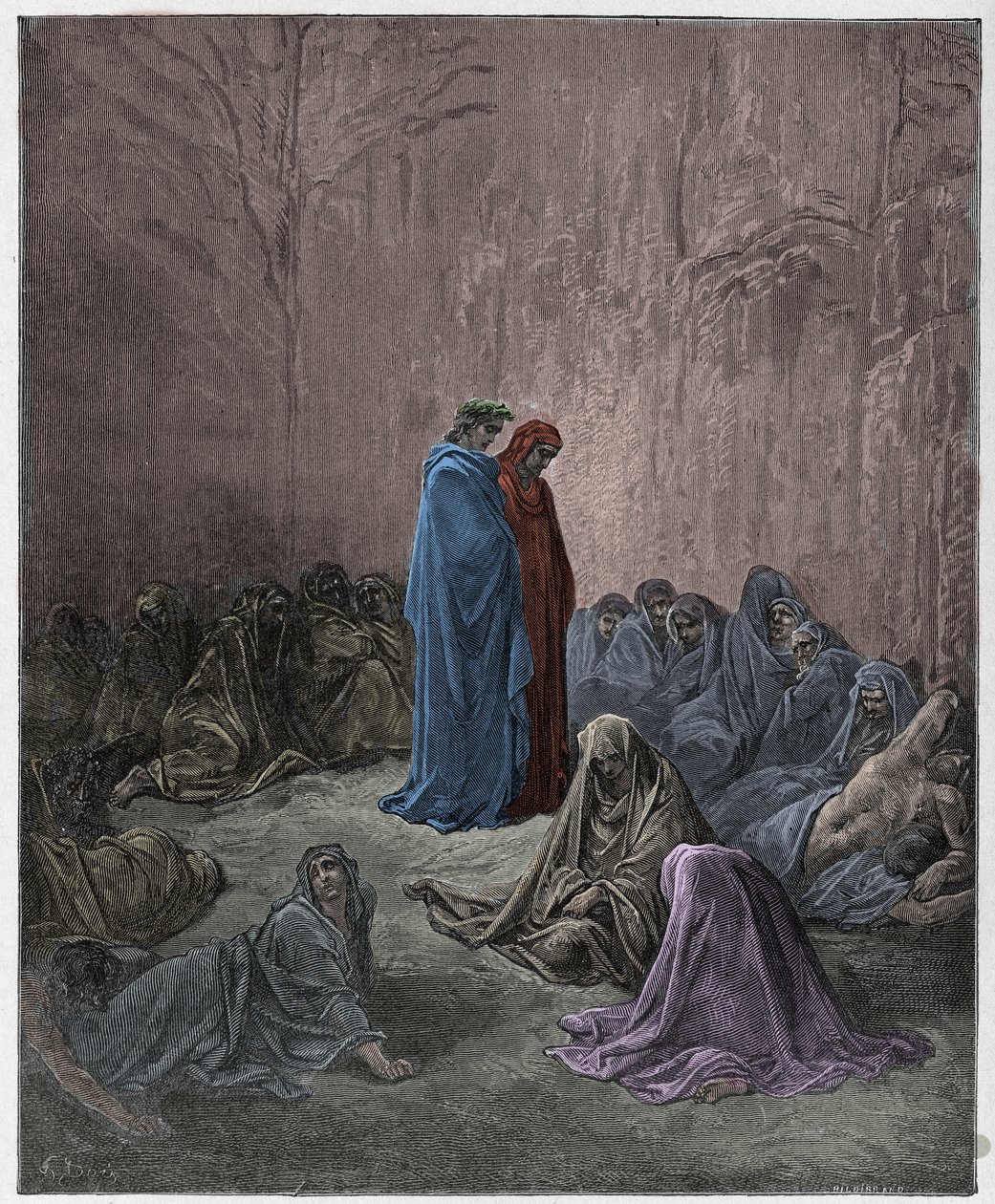 Purgatorio, Canto 13: De avundsjukas själar, illustration från The Divine Comedy av Dante Alighieri, 1885 (digitalt färgad gravyr) av Gustave after Dore