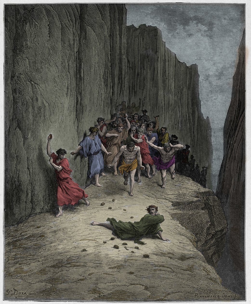 Purgatorio, Canto 15: Dantes vision av steningen av Stephen (sankt Etienne), illustration från The Divine Comedy av Dante Alighieri, 1885 (digitalt färgad gravyr) av Gustave after Dore