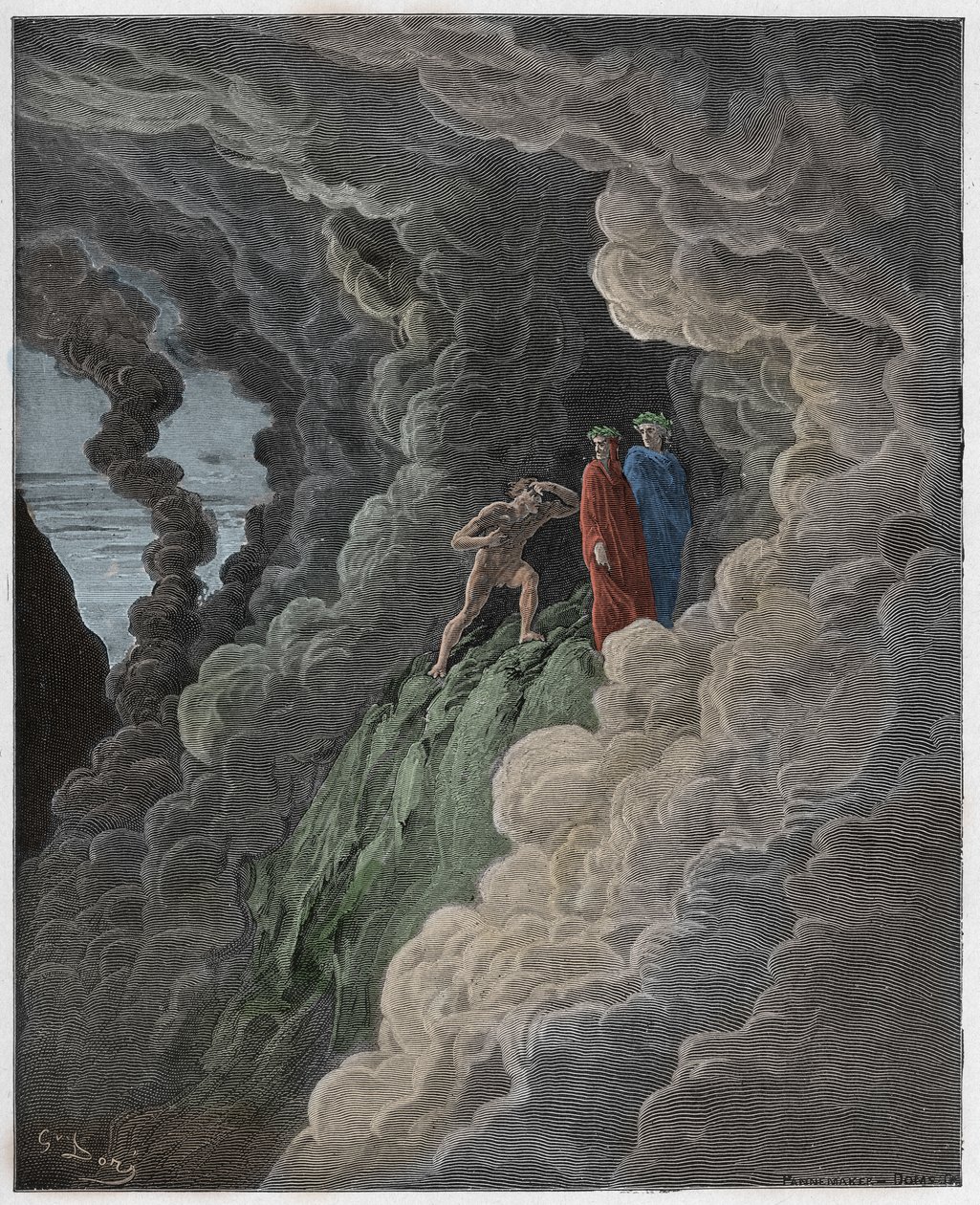 Purgatorio, Canto 16 : Marco Lombardo följer poeterna genom röken, illustration från The Divine Comedy av Dante Alighieri, 1885 (digitalt färgad gravyr) av Gustave after Dore
