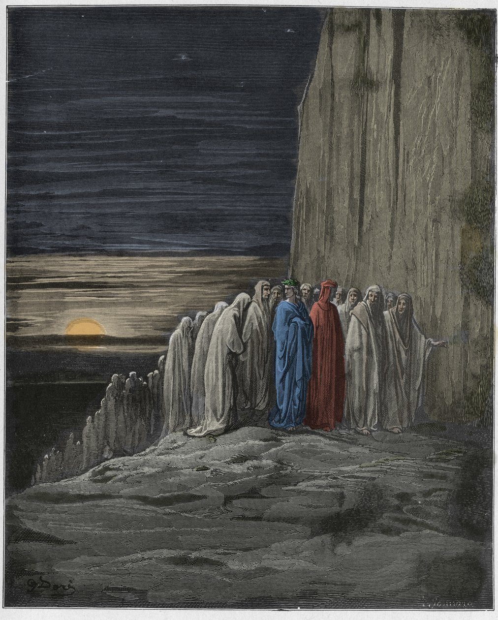 Purgatorio, Canto 18 : The multitude of the lothful, illustration från The Divine Comedy av Dante Alighieri, 1885 (digitalt färgad gravyr) av Gustave after Dore