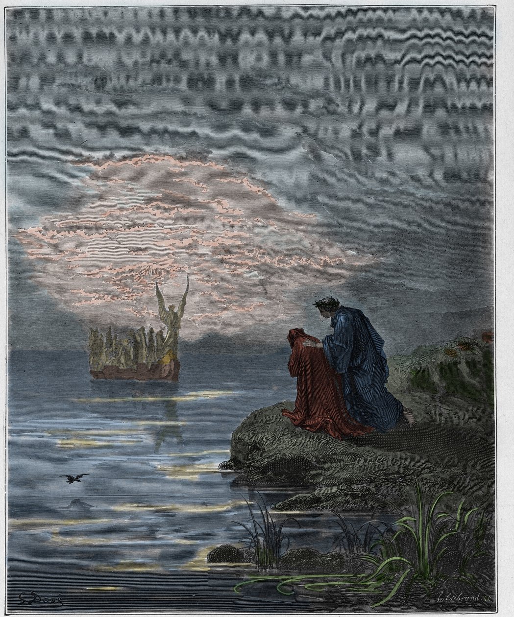 Purgatorio, Canto 2: Dante bugar sig inför ängelpiloten, illustration från The Divine Comedy av Dante Alighieri, 1885 (digitalt färgad gravyr) av Gustave after Dore