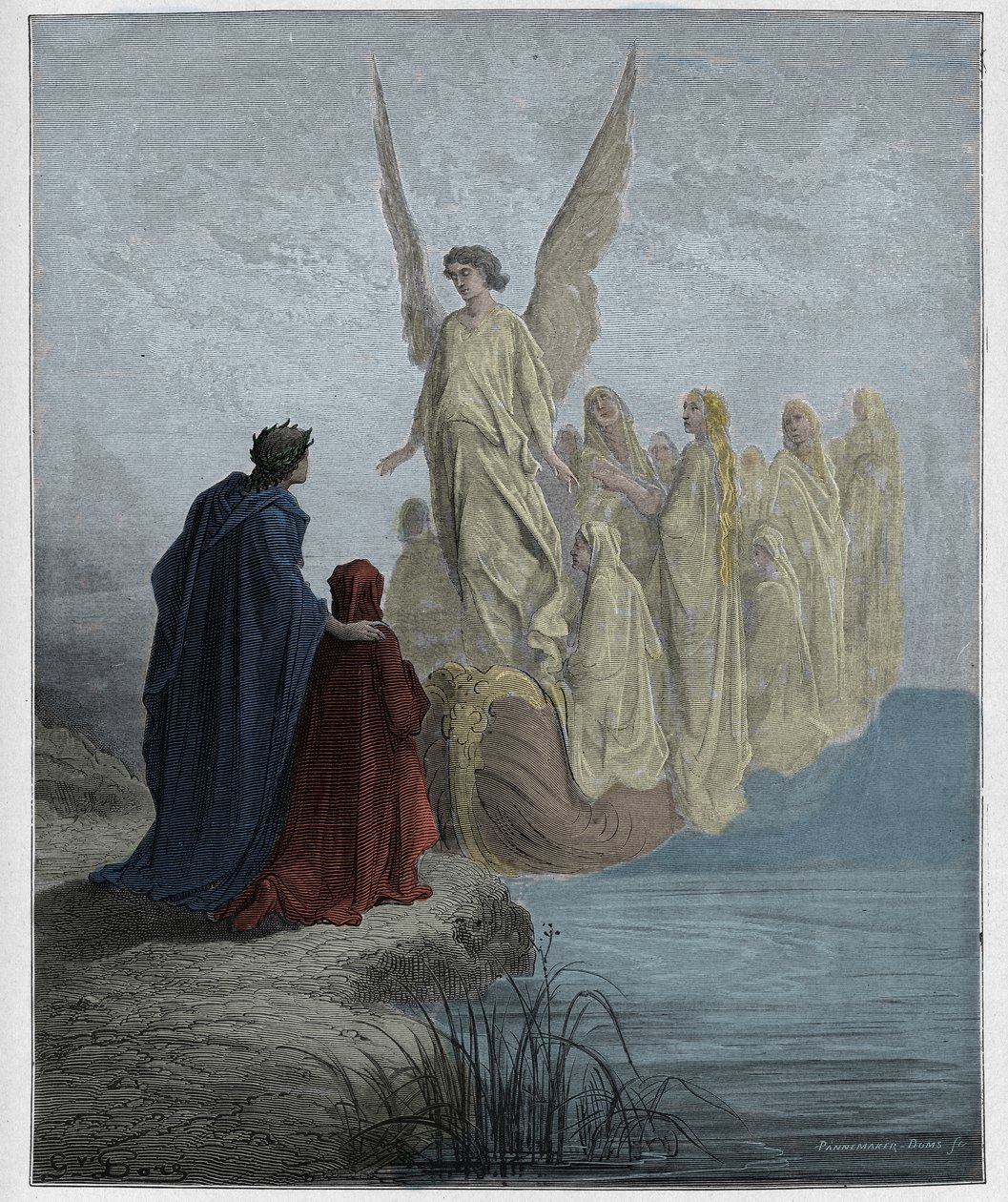 Purgatorio, Canto 2 : Den himmelska piloten landar båten, illustration från The Divine Comedy av Dante Alighieri, 1885 (digitalt färgad gravyr) av Gustave after Dore
