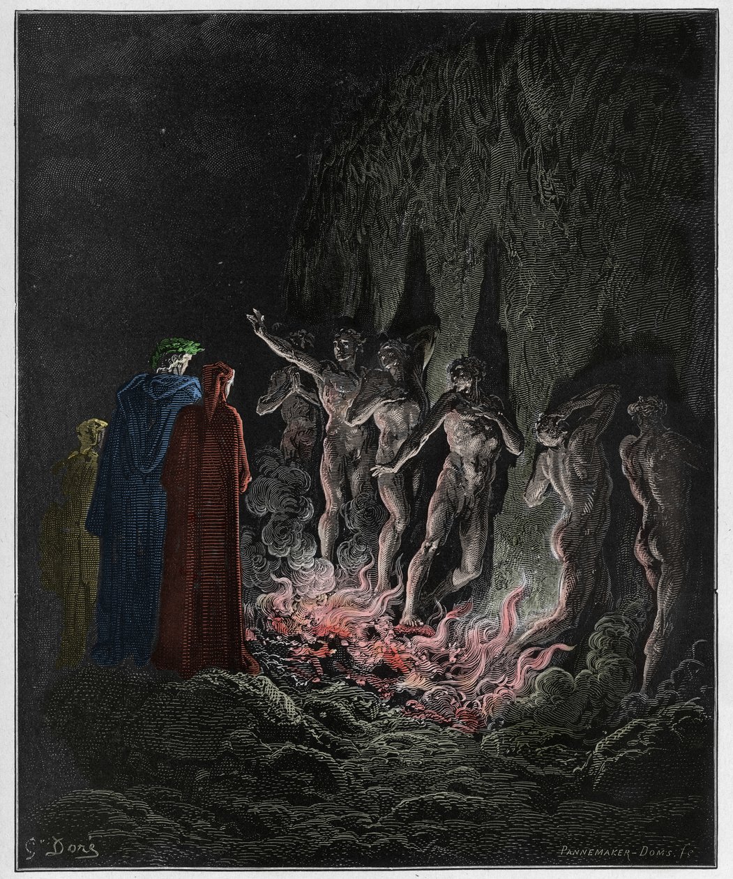 Purgatorio, Canto 25: Den lustfyllda passerar elden i den sjunde cirkeln, illustration från The Divine Comedy av Dante Alighieri, 1885 (digitalt färgad gravyr) av Gustave after Dore