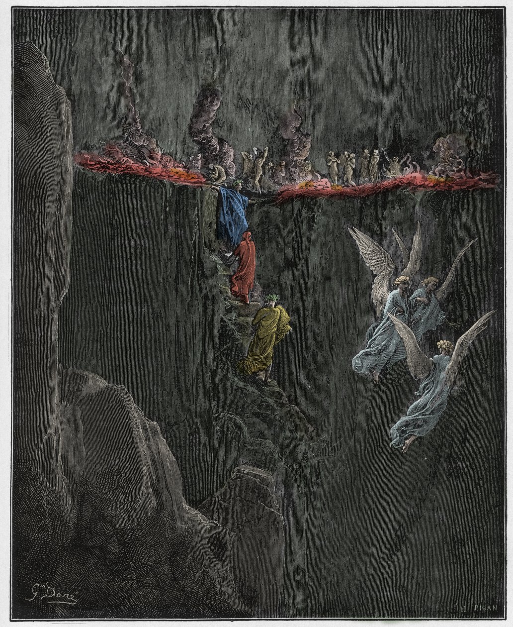 Purgatorio, Canto 25: Vergilius och Dante stiger upp till den sjunde cirkeln genom lågor, illustration från The Divine Comedy av Dante Alighieri, 1885 (digitalt färgad gravyr) av Gustave after Dore